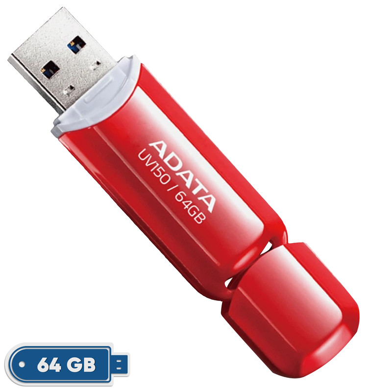 فلش مموری ای دیتا مدل UV150 ظرفیت 64 گیگابایت، رابط USB 3.2 Gen1، سرعت خواندن 90 مگابایت بر ثانیه، طراحی درپوشدار، سازگار با گوشی، تبلت، کامپیوتر و تلویزیون