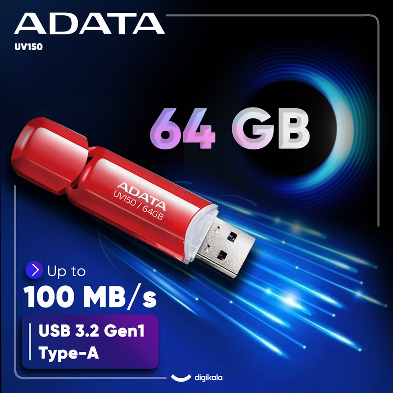 فلش مموری ای دیتا مدل UV150 ظرفیت 64 گیگابایت، رابط USB 3.2 Gen1، سرعت خواندن 90 مگابایت بر ثانیه، طراحی درپوشدار، سازگار با گوشی، تبلت، کامپیوتر و تلویزیون