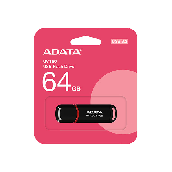 فلش مموری ای دیتا مدل UV150 ظرفیت 64 گیگابایت، رابط USB 3.2 Gen1، سرعت خواندن 90 مگابایت بر ثانیه، طراحی درپوشدار، سازگار با گوشی، تبلت، کامپیوتر و تلویزیون
