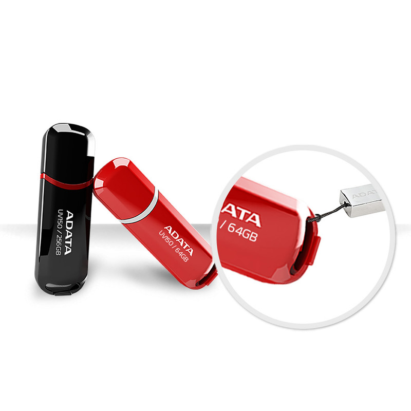 فلش مموری ای دیتا مدل UV150 ظرفیت 64 گیگابایت، رابط USB 3.2 Gen1، سرعت خواندن 90 مگابایت بر ثانیه، طراحی درپوشدار، سازگار با گوشی، تبلت، کامپیوتر و تلویزیون