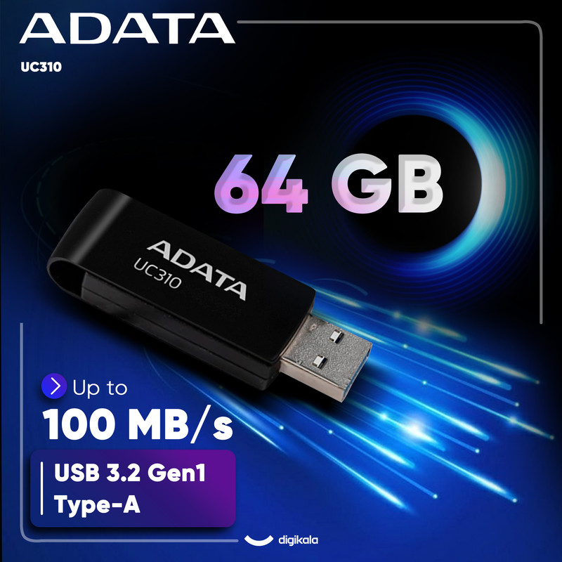 فلش مموری ای دیتا مدل UC310 ظرفیت 64 گیگابایت با رابط USB 3.2 Gen1، طراحی چرخشی، سازگار با ویندوز، مک، لینوکس، بدون نیاز به نصب درایور و مناسب استفاده در کامپیوتر، لپتاپ، گوشی و تلویزیون