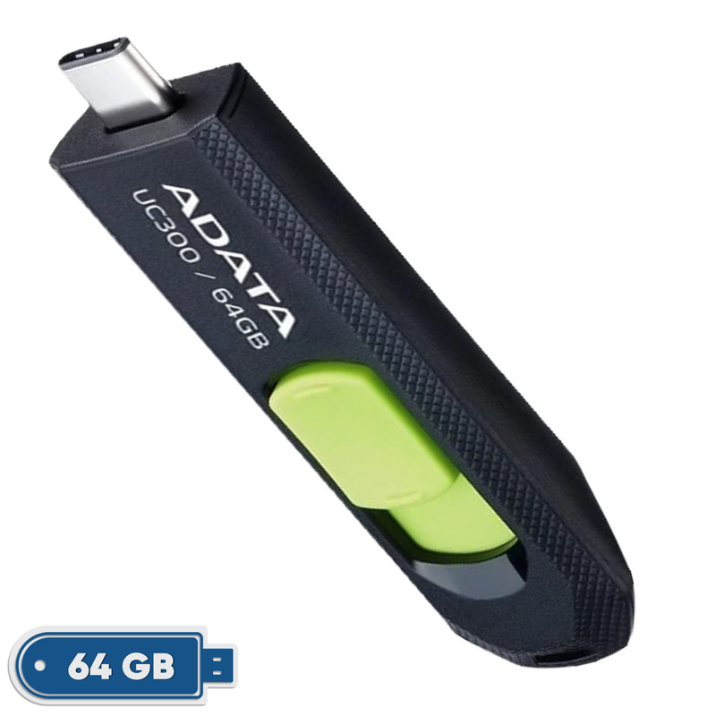 فلش مموری کشویی ای دیتا مدل UC300 ظرفیت 64 گیگابایت با رابط USB Type-C و استاندارد USB 3.2 Gen 1، سرعت انتقال داده تا 5 گیگابایت بر ثانیه، سازگار با لپتاپ، گوشی، تبلت و تلویزیون، بدون نیاز به نصب درایور