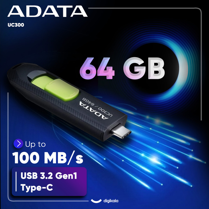 فلش مموری کشویی ای دیتا مدل UC300 ظرفیت 64 گیگابایت با رابط USB Type-C و استاندارد USB 3.2 Gen 1، سرعت انتقال داده تا 5 گیگابایت بر ثانیه، سازگار با لپتاپ، گوشی، تبلت و تلویزیون، بدون نیاز به نصب درایور