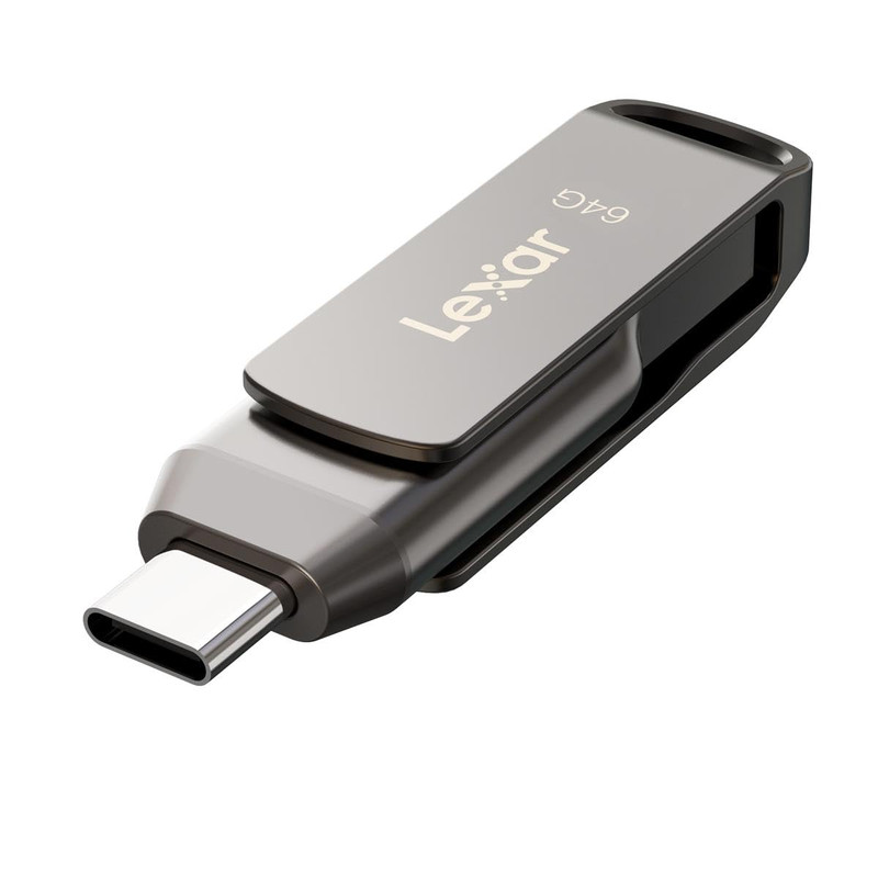 فلش مموری لکسار مدل JumpDrive Dual Drive D400 ظرفیت 64 گیگابایت با رابط USB 3.1 Type-C و Type-A، بدنه فلزی مقاوم در برابر آب، ضربه، شوک و گرد و غبار، سرعت انتقال تا 130 مگابایت بر ثانیه و قابلیت رمزگذاری خودکار دادهها