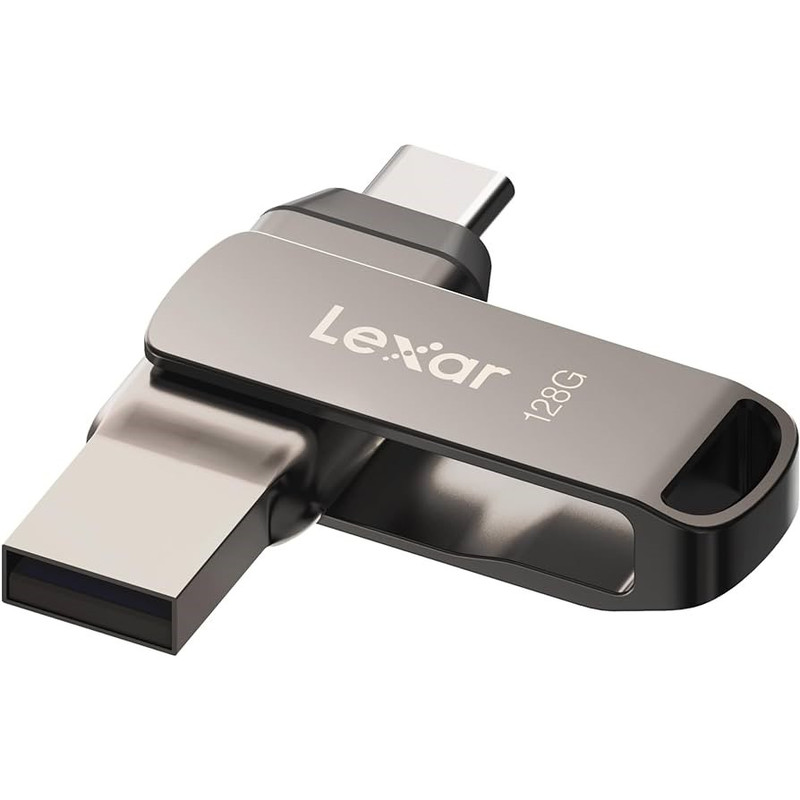 فلش مموری لکسار مدل JumpDrive Dual Drive D400 ظرفیت 64 گیگابایت با رابط USB 3.1 Type-C و Type-A، بدنه فلزی مقاوم در برابر آب، ضربه، شوک و گرد و غبار، سرعت انتقال تا 130 مگابایت بر ثانیه و قابلیت رمزگذاری خودکار دادهها