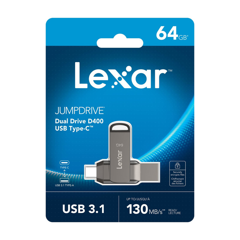 فلش مموری لکسار مدل JumpDrive Dual Drive D400 ظرفیت 64 گیگابایت با رابط USB 3.1 Type-C و Type-A، بدنه فلزی مقاوم در برابر آب، ضربه، شوک و گرد و غبار، سرعت انتقال تا 130 مگابایت بر ثانیه و قابلیت رمزگذاری خودکار دادهها