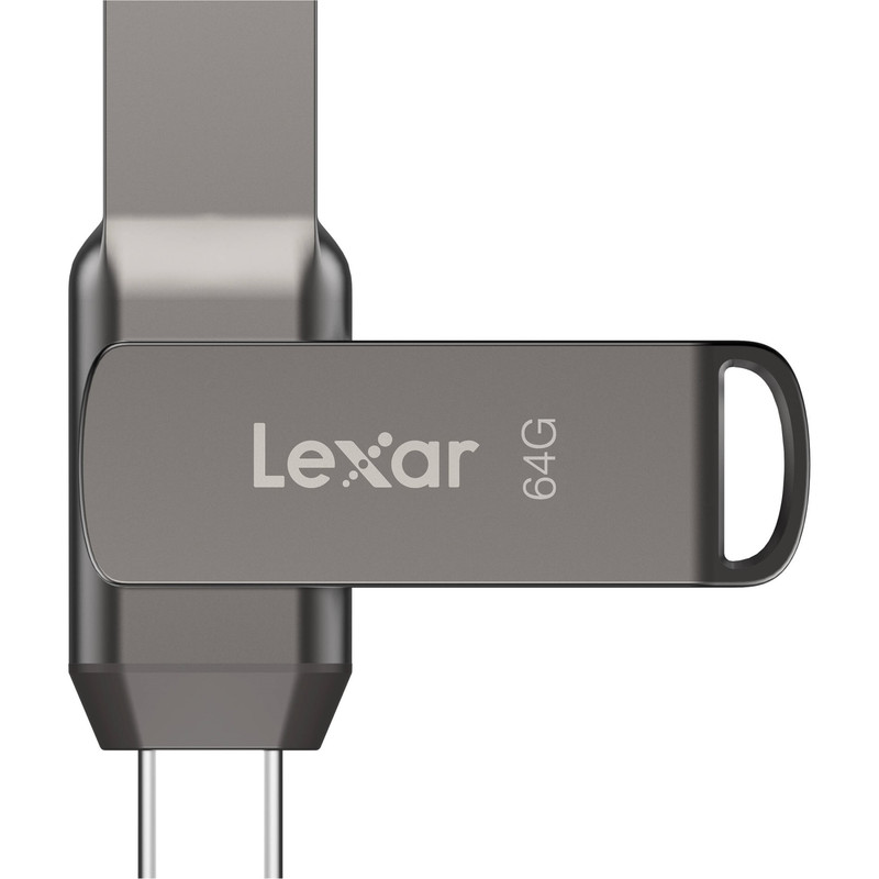 فلش مموری لکسار مدل JumpDrive Dual Drive D400 ظرفیت 64 گیگابایت با رابط USB 3.1 Type-C و Type-A، بدنه فلزی مقاوم در برابر آب، ضربه، شوک و گرد و غبار، سرعت انتقال تا 130 مگابایت بر ثانیه و قابلیت رمزگذاری خودکار دادهها