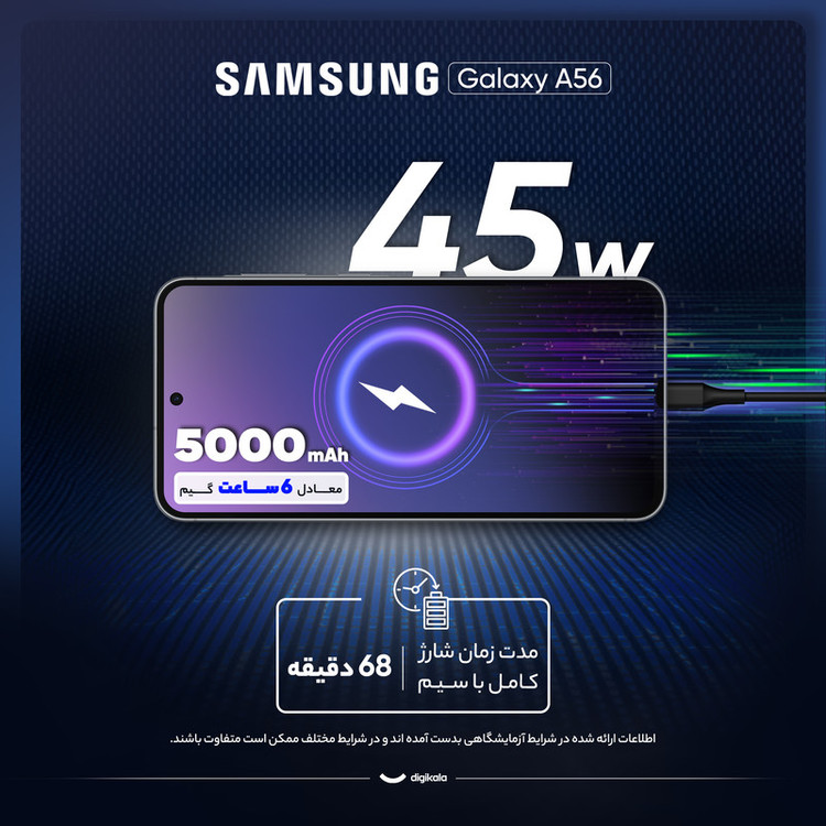 گوشی موبایل سامسونگ مدل Galaxy A56 دو سیم کارت ظرفیت 128 گیگابایت و رم 8 گیگابایت - ویتنام - به همراه شارژر 45 وات سامسونگ