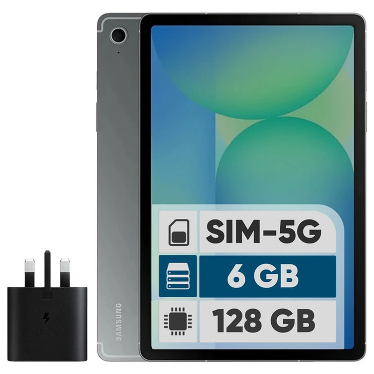تبلت 10.9 اینچ سامسونگ مدل Galaxy Tab S10 Lite 5G با ظرفیت 128 گیگابایت و رم 6 گیگابایت، قابلیت پشتیبانی از سیم کارت، رزولوشن دوربین اصلی ۸ مگاپیکسل، پشتیبانی از قلم، به همراه شارژر دیواری 25 وات سامسونگ مدل EP-TA800