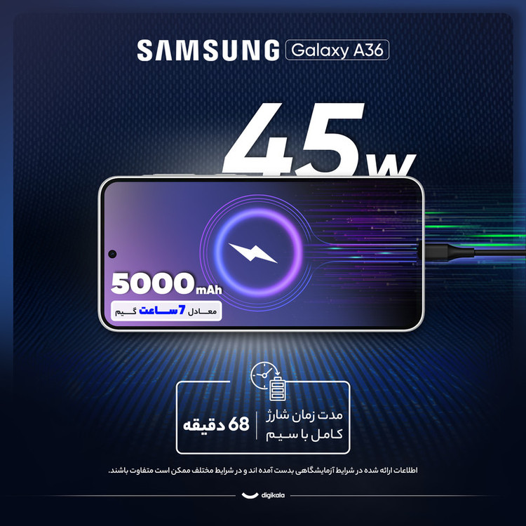 گوشی موبایل سامسونگ مدل Galaxy A36 دو سیم کارت ظرفیت 128 گیگابایت و رم 8 گیگابایت - ویتنام - به همراه شارژر 25 وات سامسونگ