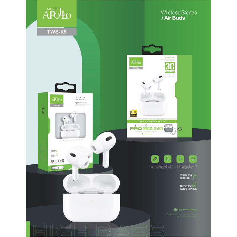 هدفون بلوتوثی موزیک آپولو مدل TWS-EARBUDS C05 K5